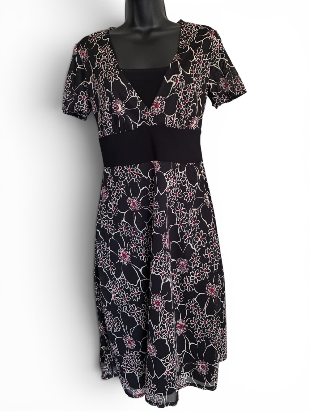 Vintage Y2k 2000s 90s Grunge Witchy Black Floral V-Neck Short Sleeve Dress Sz S